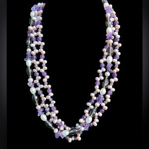 Vintage Sterling Smoky Quartz Amethyst Freshwater Pearl Three Strand Necklace